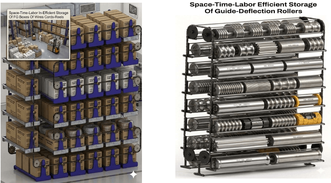 Vertical Carousels For Space-Time-Labor-Damage Efficient Vertical Storage Of Finished Goods Boxes Of Wires-Cords-Reels Guide Deflection Rollers In Insulated Power-Telecom-Optic Fiber Cables-Wires Manufacturing Plants